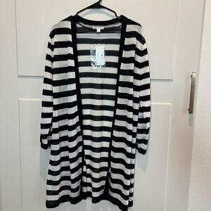 Cato Black White Striped Duster Cardigan Women's L‎ Lightweight Roll Tab Sleeve